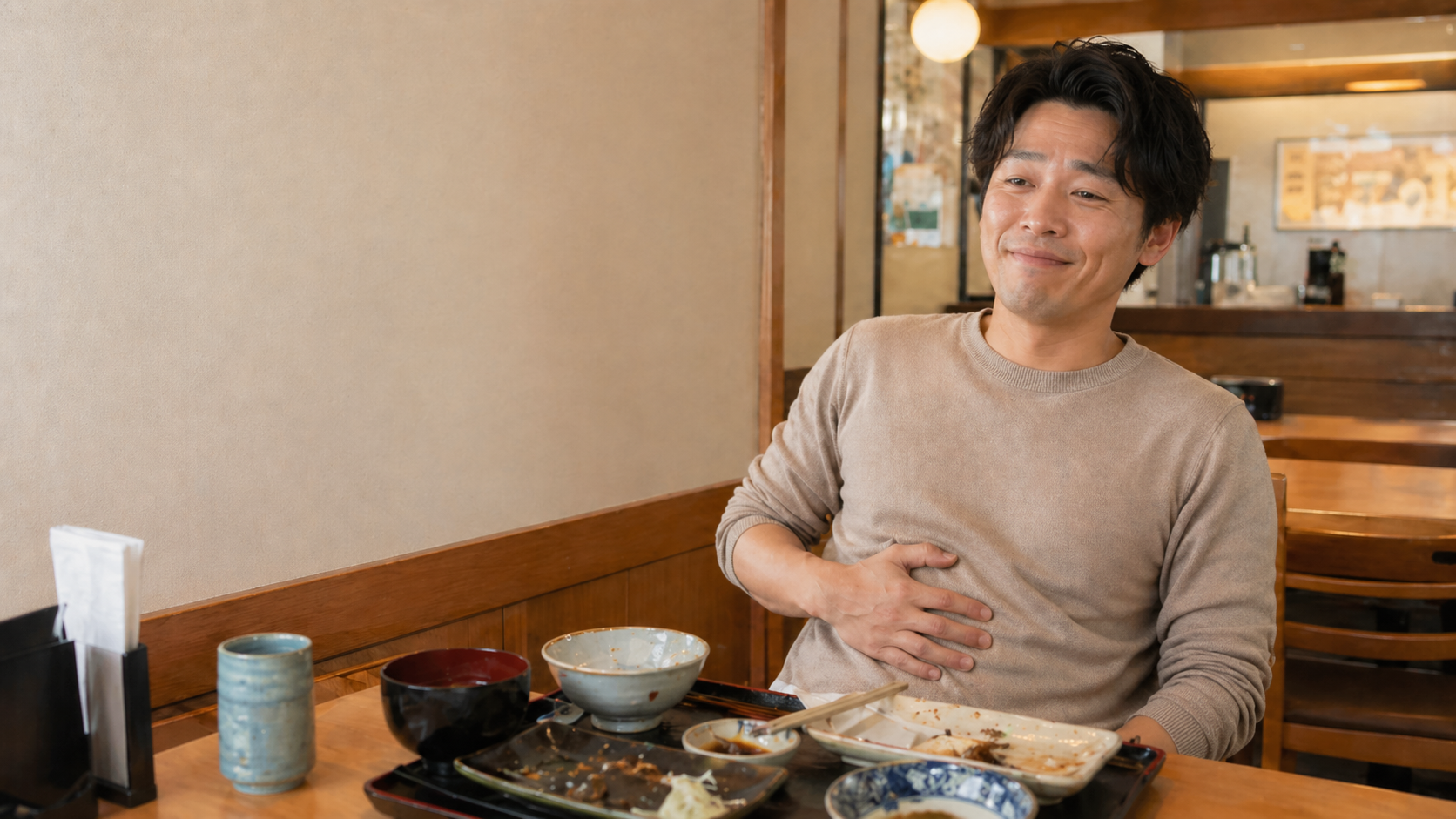 ついつい満腹まで食べてしまう男性